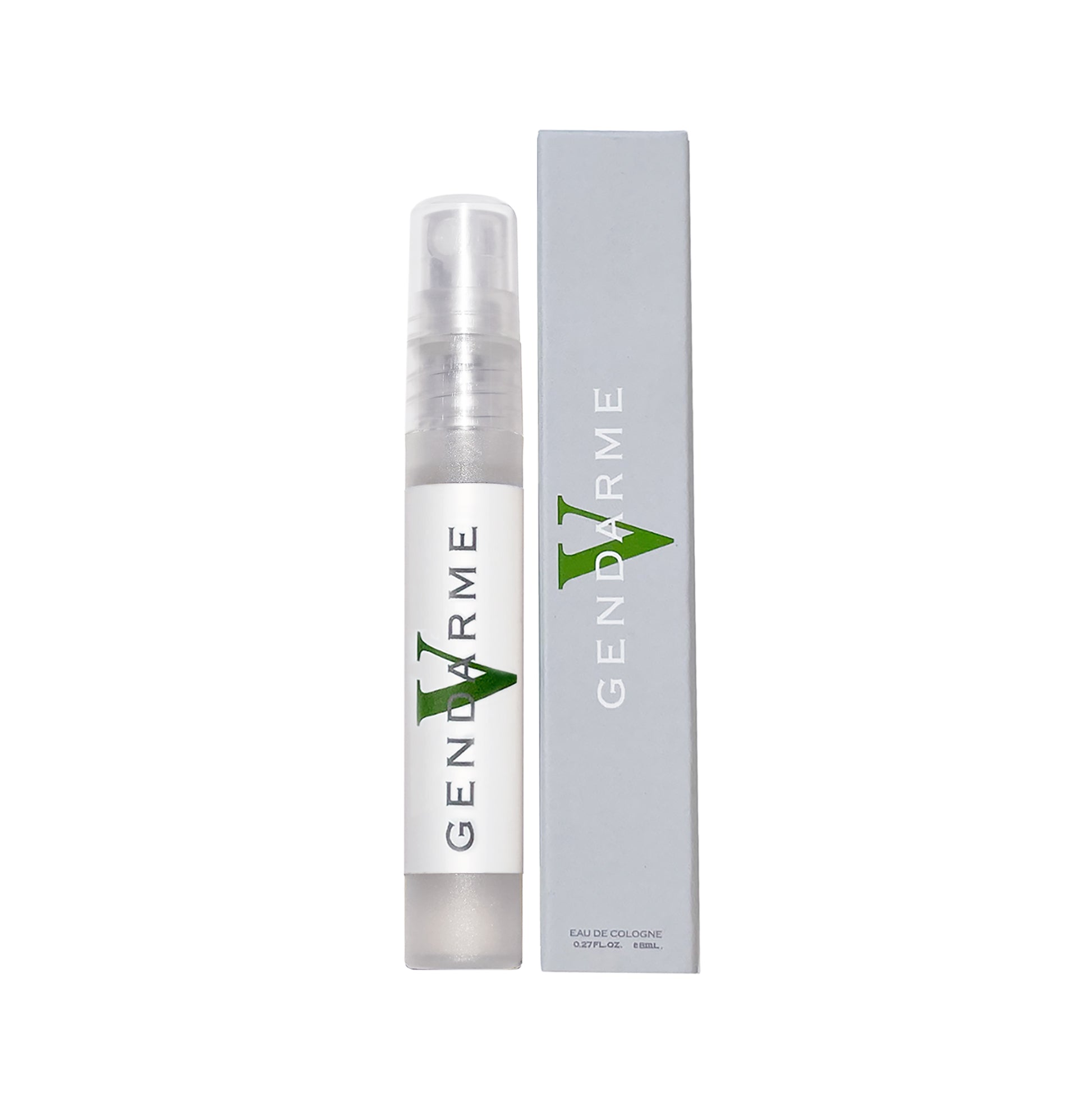 A clear plastic .27oz atomizer perfume spray bottle with a white label and green logo, standing next to its tall light gray box. The label and box are both printed with the brand name 'GENDARME' in vertical text with a green stylized 'G' logo