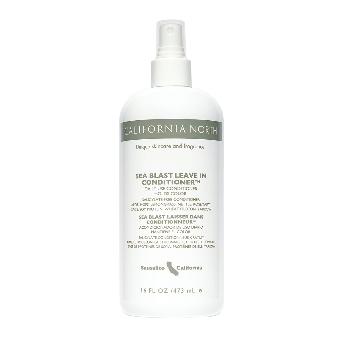 A bottle of California North Sea Blast Leave-In Conditioner with a white spray nozzle. The label displays the brand name, product name, and additional information.